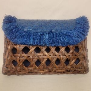 Anthropology Vincent Pradier Rattan Blue Fringe Wicker Clutch Woven Wood Straw